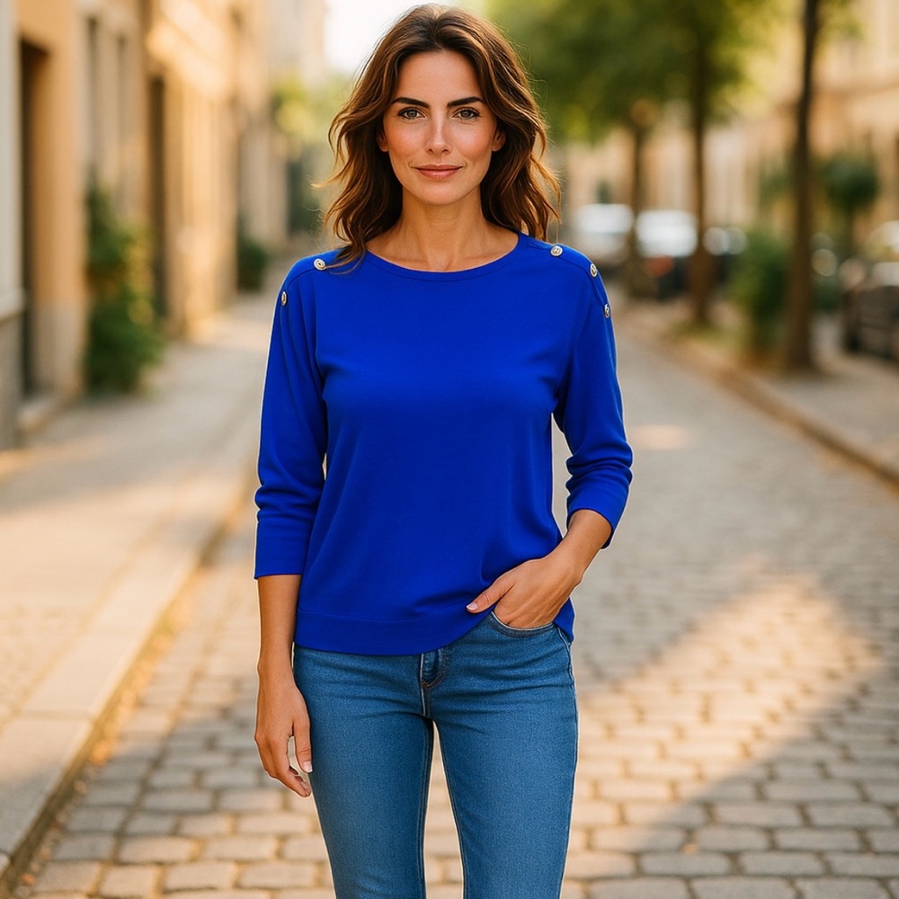 Melissa Paige Blue Buttoned 3/4 Sleeve Lightweight Sweater with Boatneck